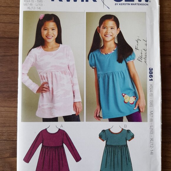 Girls Empire Waist Pullover Tops Sewing Pattern Sizes 4-14 Kwik Sew 3861 UNCUT - Picture 2 of 7